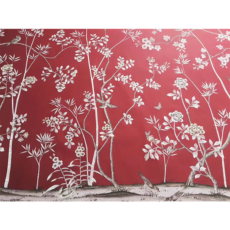 Chinoiserie Hand painted wallpaper on red silk