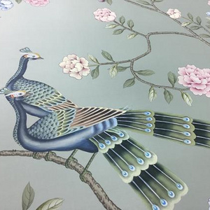 Hand Painted Chinoiserie Wallpaper on green silk for dining room