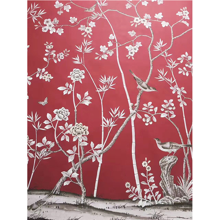 Chinoiserie Hand painted wallpaper on red silk