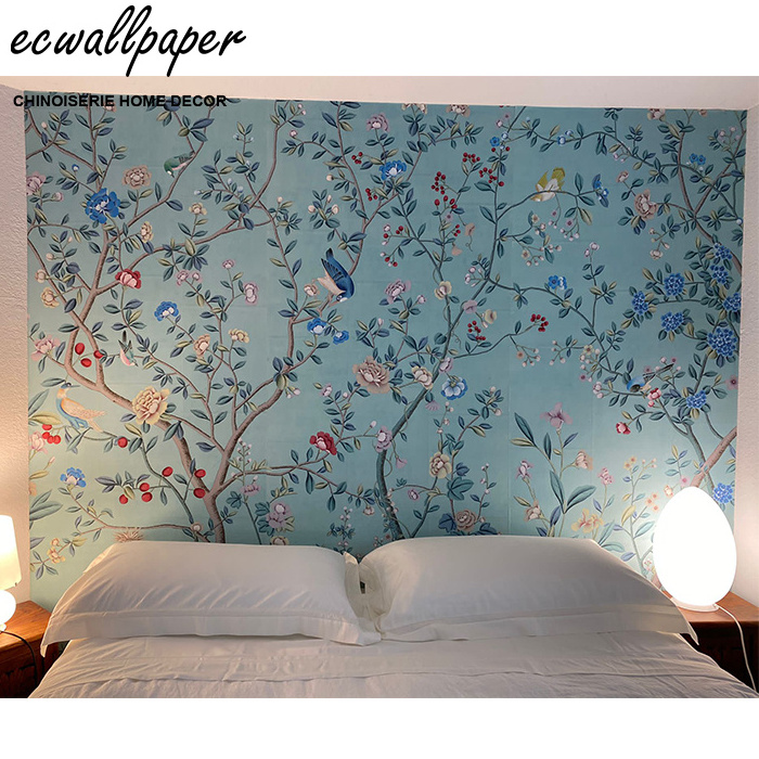 Luxury Chinoiserie Mural Hand Painted Wallpaper On Blue Tea Paper for bedroom