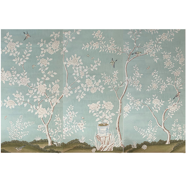 Floral Chinoiserie hand painted wallpaper on Blue tea paper