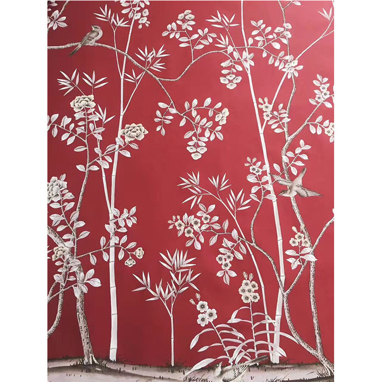 Chinoiserie Hand painted wallpaper on red silk