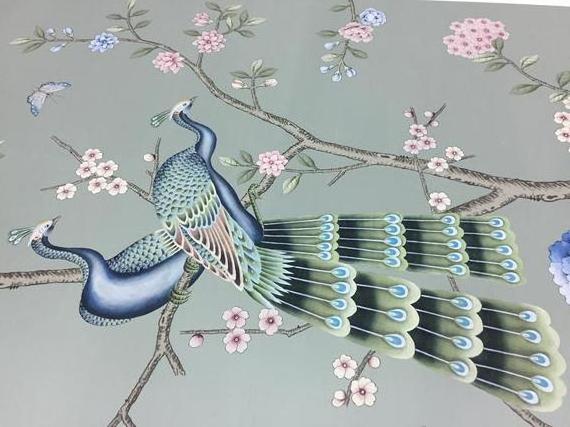 Hand Painted Chinoiserie Wallpaper on green silk for dining room