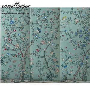 Luxury Chinoiserie Mural Hand Painted Wallpaper On Blue Tea Paper for bedroom