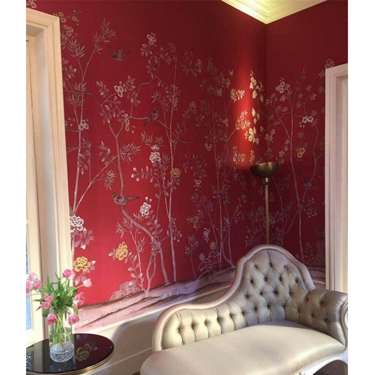 Chinoiserie Hand painted wallpaper on red silk