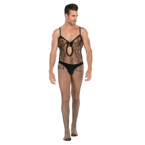 New design mens jumpsuits sexy seamless bodysuits with bow open crotch lingerie pantyhose