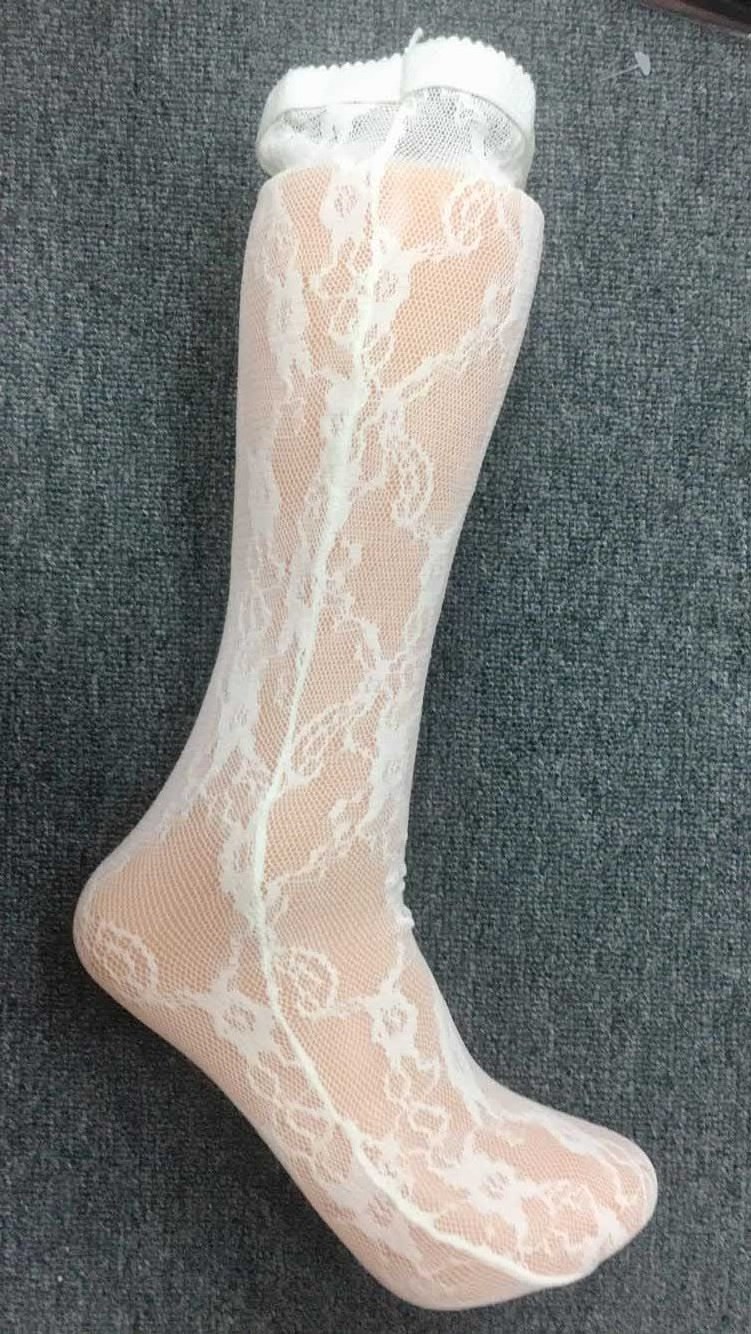 Cheap white floral print tulle socks comfortable dress knee high socks women