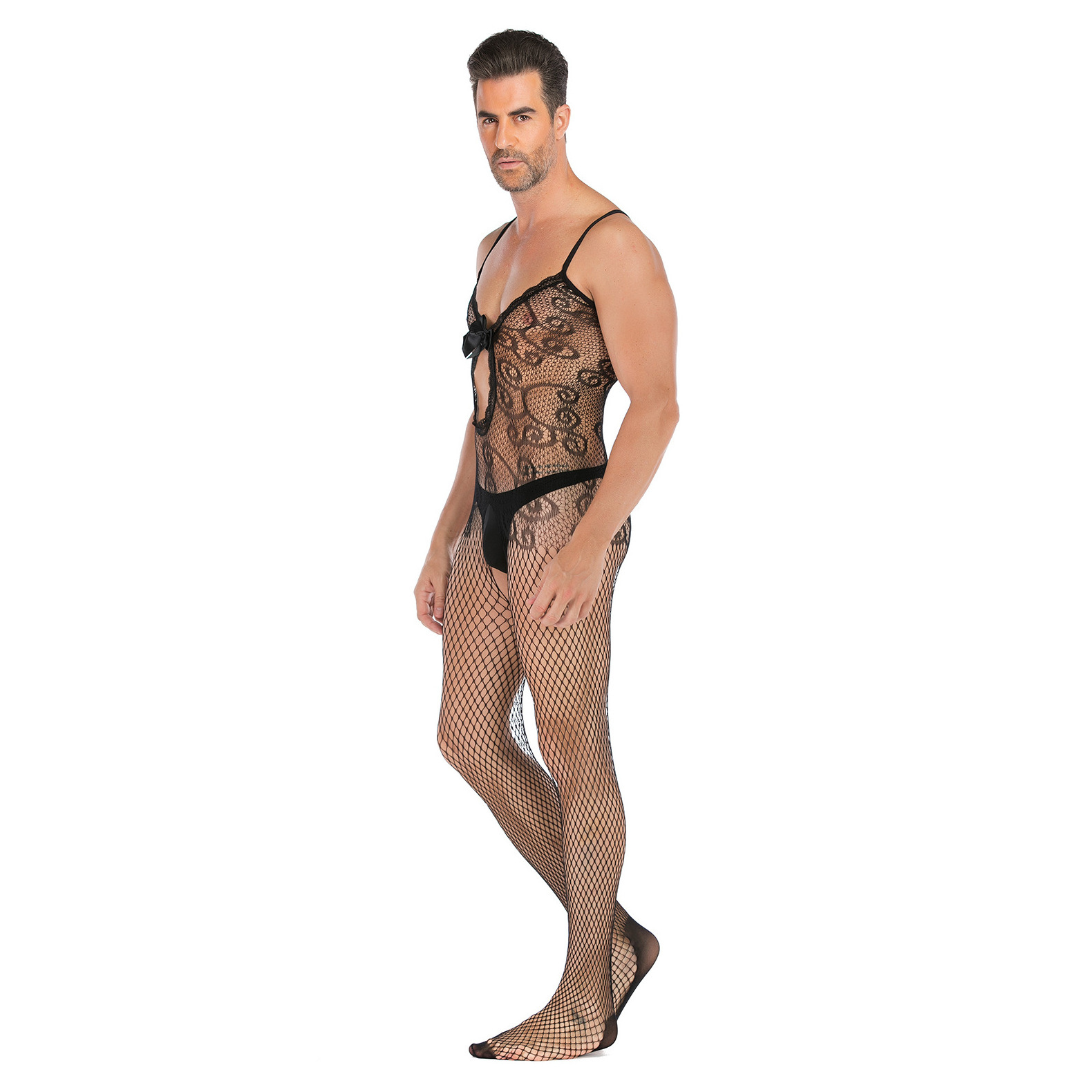 New design mens jumpsuits sexy seamless bodysuits with bow open crotch lingerie pantyhose