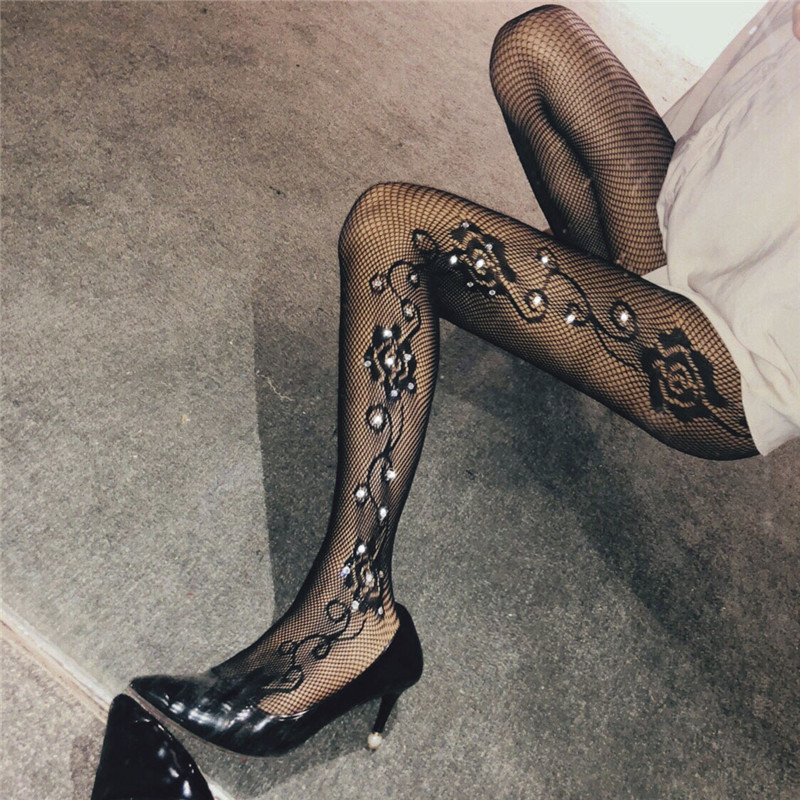 Women Fashion Rhinestone Pantyhose Pattern Jacquard Fishnet Pantyhose