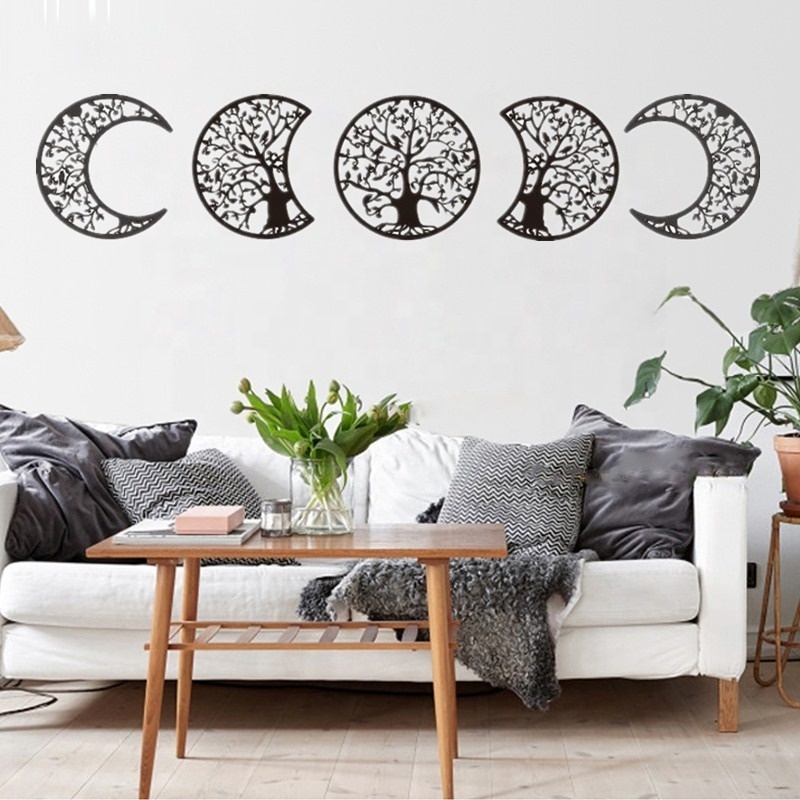 Moon Phase Wall Decor Boho Hanging Moon Phase Nordic Wood Wall Art for Living Room Bedroom Home Wall Decoration Bar Ornament