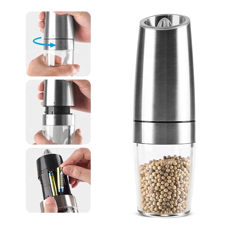 Stainless Steel Gravity Electric Pepper Salt Grinder Salt and Pepper Mill Adjustable Coarseness Battery Powered with LED Light