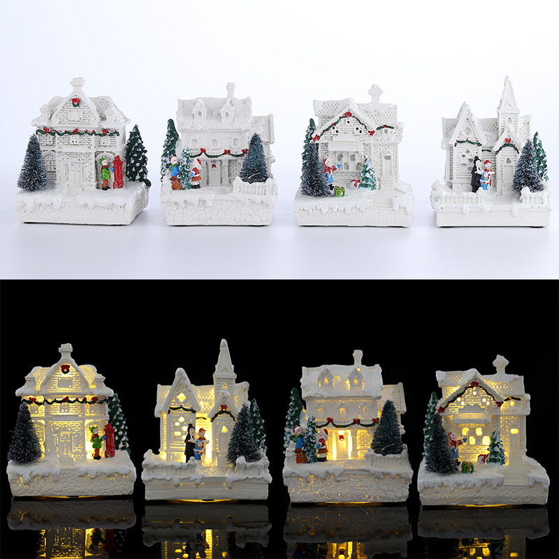 New resin luminescent Christmas small house white European warm light Christmas snow house decoration decorations