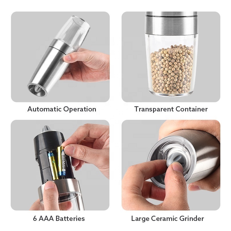 Stainless Steel Gravity Electric Pepper Salt Grinder Salt and Pepper Mill Adjustable Coarseness Battery Powered with LED Light