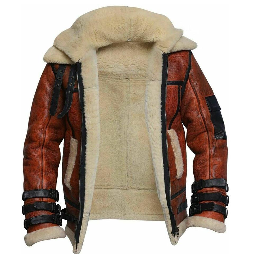 Wholesale Price Sheepskin Fur Coat MensB3 Bomber Jacket Men Shearling Aviator Pilot Bomber Fur leather jacket