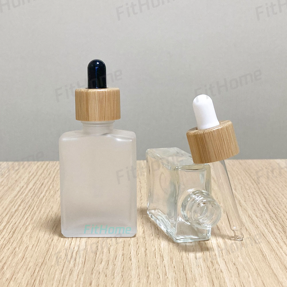 30ml Matte Black Clear Rectangle/Square Dropper Bottle for Beard Oil Essential Oil Serum Bottle with Bamboo Caps