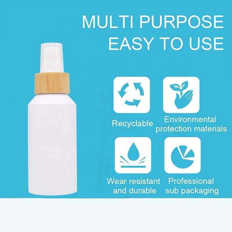 100ml white inclined Diagonal shoulder cosmetic plastic PET perfume bottle with bamboo mist sprayer for Cosmetic packaging