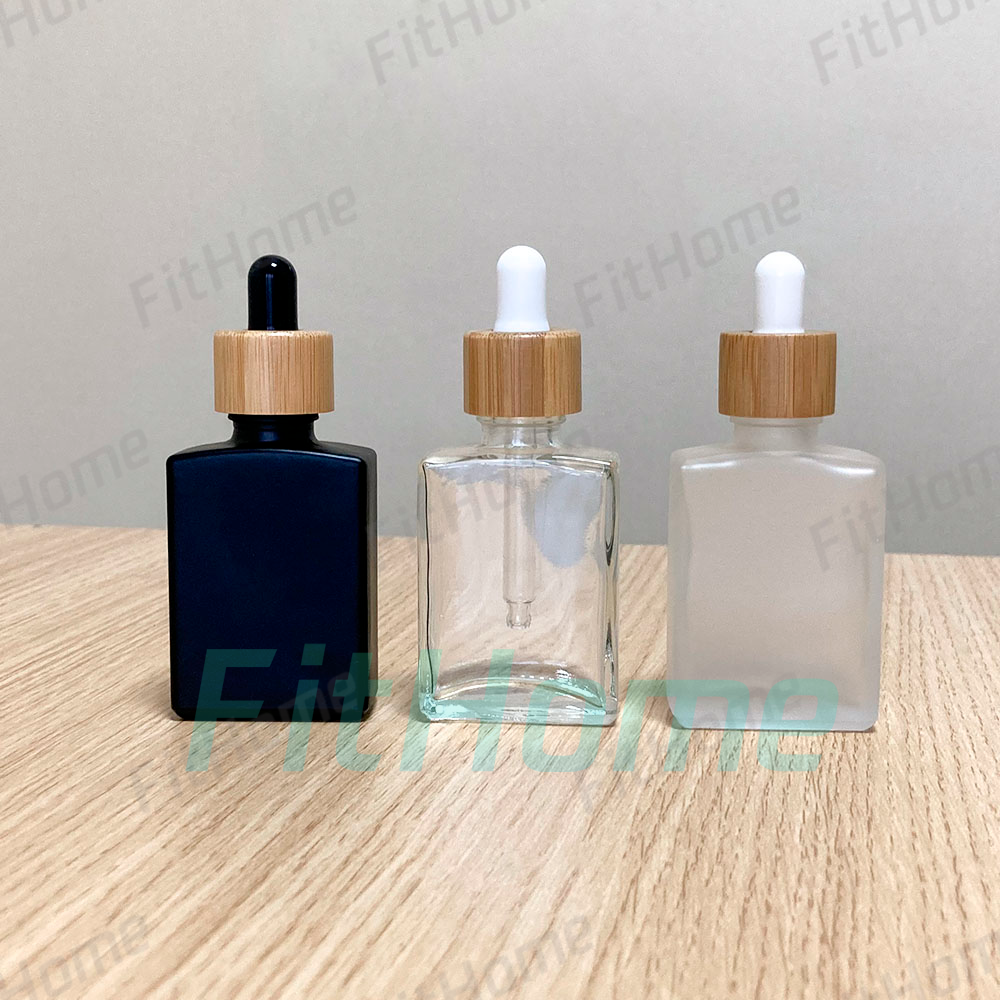 30ml Matte Black Clear Rectangle/Square Dropper Bottle for Beard Oil Essential Oil Serum Bottle with Bamboo Caps