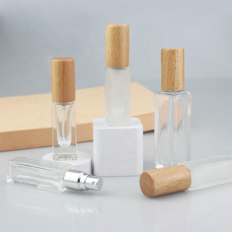 Luxury samples Clear Frosted square Empty Vial 3ml 5ml 10ml 20ml Glass Perfume silver Spray Bottle with wooden cap