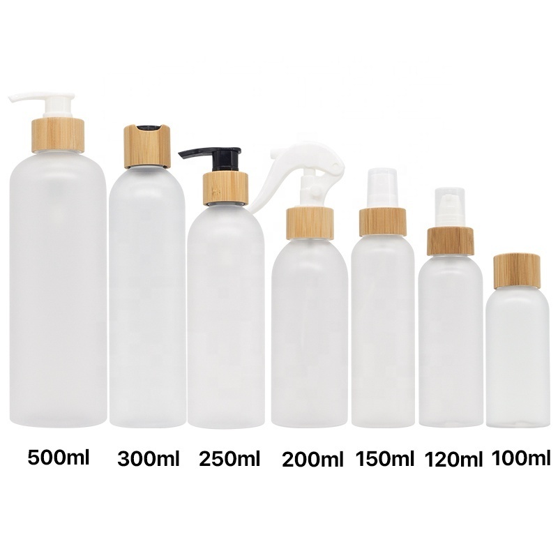 Cosmetic Packing 8oz bamboo shampoo pump bottle 4oz 250ml 16oz clear Frost Plastic Lotion oil Bottle With Bamboo spray pump disc