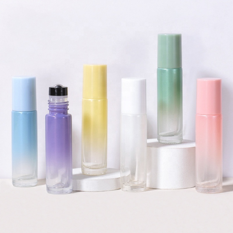 Essential oil perfume roller bottle clear green blue pink white purple yellow 5ml 10ml glass roll on bottle with cap