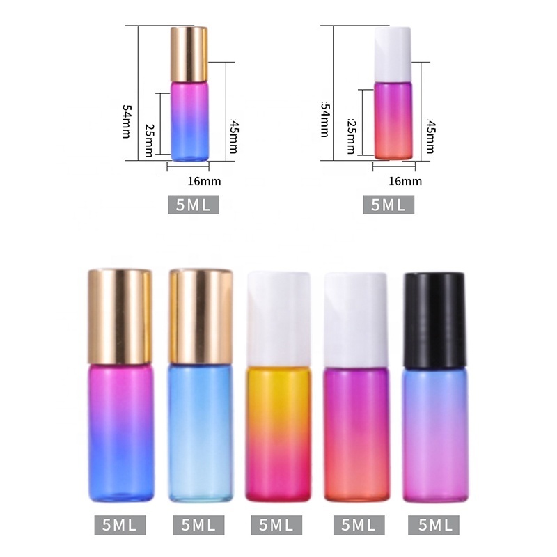 5ml gradient color glass roll on bottle perfume bottle with gold cap 5ml gradient rainbow glass roller bottle black cap