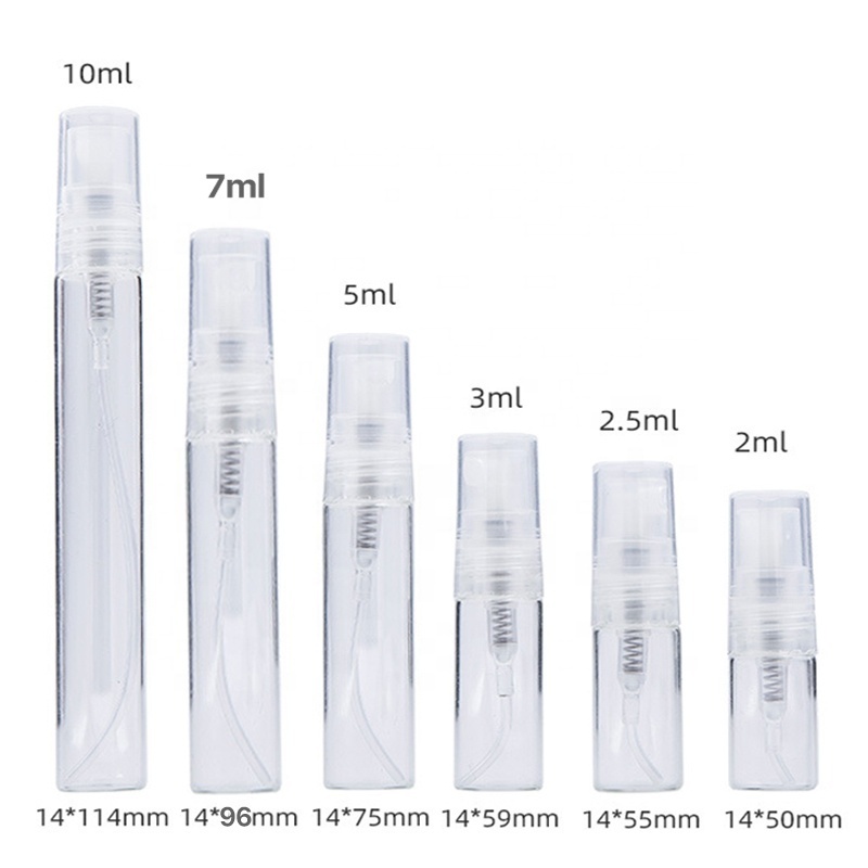 Empty 2ml 2.5ml 3ml 5ml 7ml 10ml clear mini atomizer mist vial sample spray glass perfume bottle with gold silver black cap