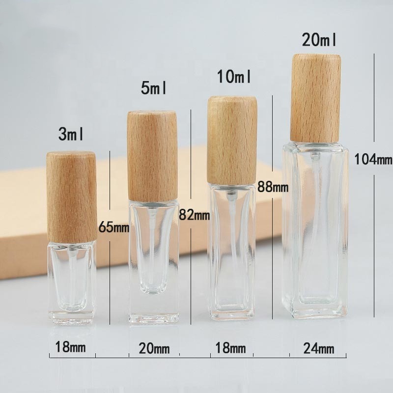 Luxury samples Clear Frosted square Empty Vial 3ml 5ml 10ml 20ml Glass Perfume silver Spray Bottle with wooden cap