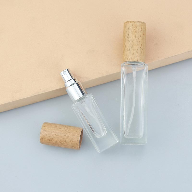 Luxury samples Clear Frosted square Empty Vial 3ml 5ml 10ml 20ml Glass Perfume silver Spray Bottle with wooden cap