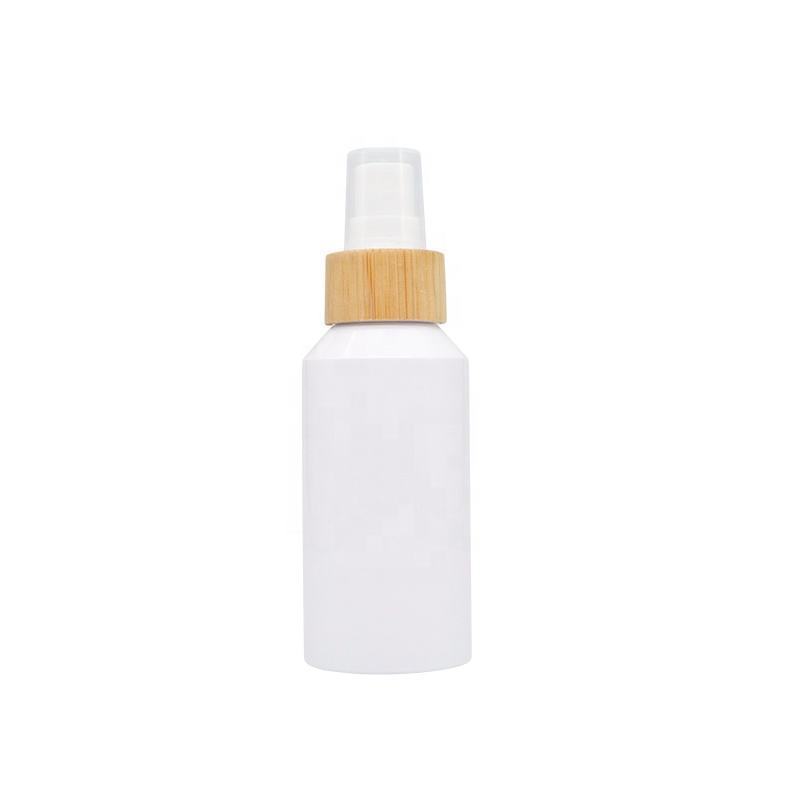 100ml white inclined Diagonal shoulder cosmetic plastic PET perfume bottle with bamboo mist sprayer for Cosmetic packaging