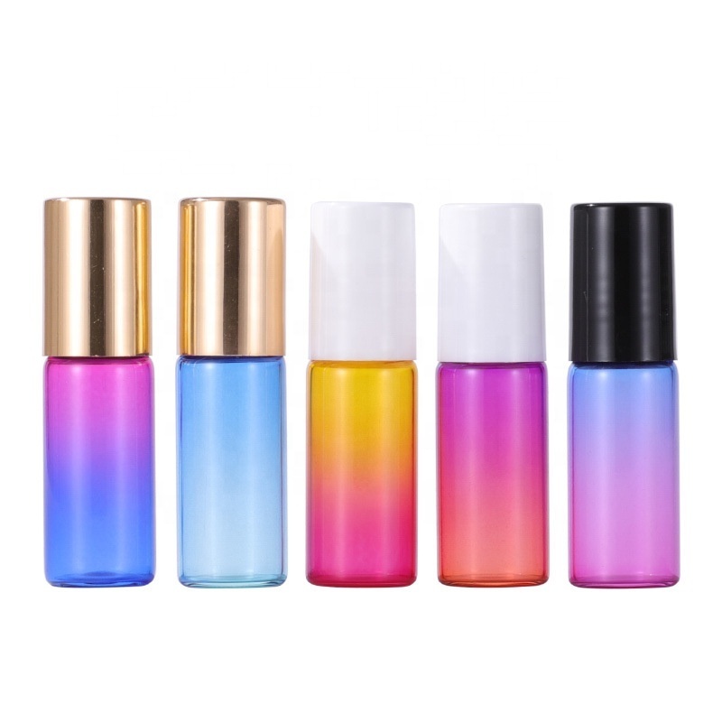 5ml gradient color glass roll on bottle perfume bottle with gold cap 5ml gradient rainbow glass roller bottle black cap