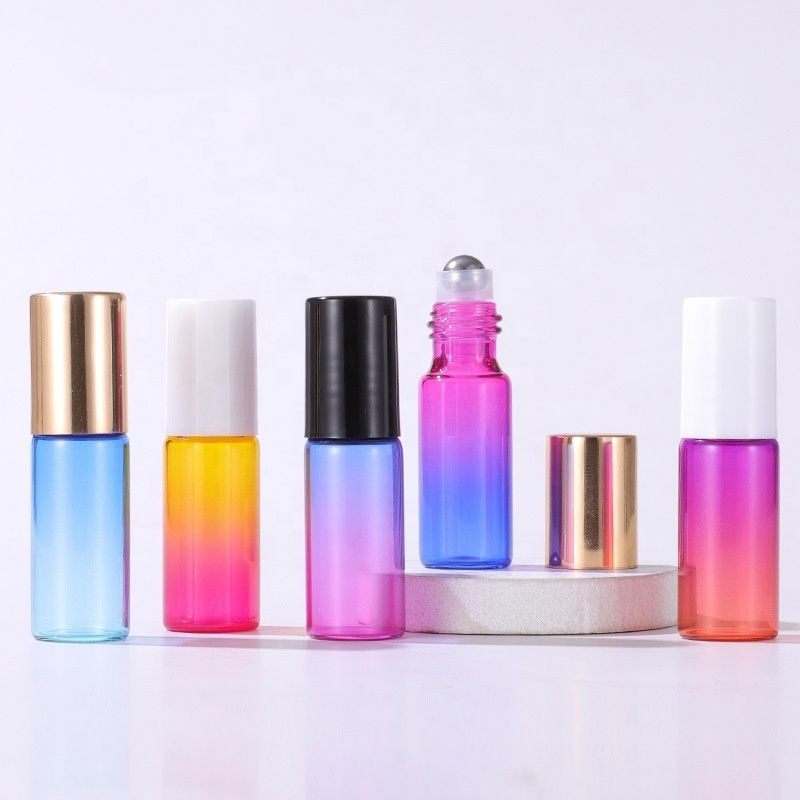 5ml gradient color glass roll on bottle perfume bottle with gold cap 5ml gradient rainbow glass roller bottle black cap