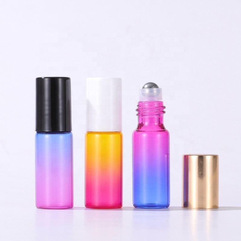 5ml gradient color glass roll on bottle perfume bottle with gold cap 5ml gradient rainbow glass roller bottle black cap