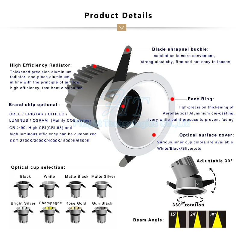 China Factory Price Home Hotel Club Indoor 15W Small Round Ceiling Aluminum Recessed LED Spot Light