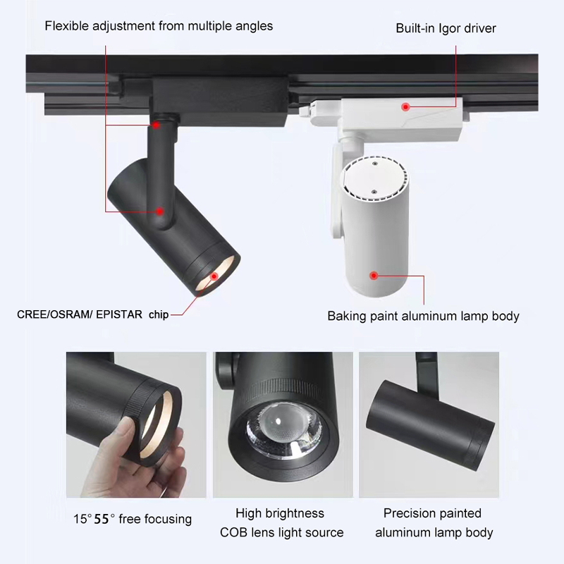 Commercial Ceiling Recessed Shop 3000k Mini Spot Rail System 20w 30w 40w Adjustable Zoomable Dimmable Dali Cob Led Track Light