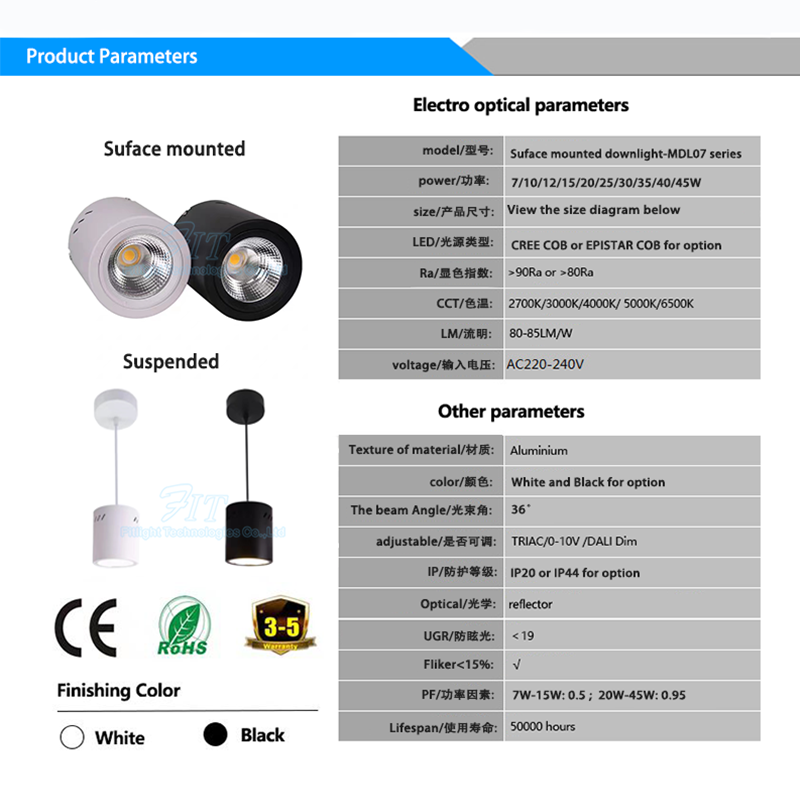 10W 12W 15W 20W 30W 40W  Anti Glare Round Ceiling Surface Mounted Cylinder LED downlight COB Spot Lights