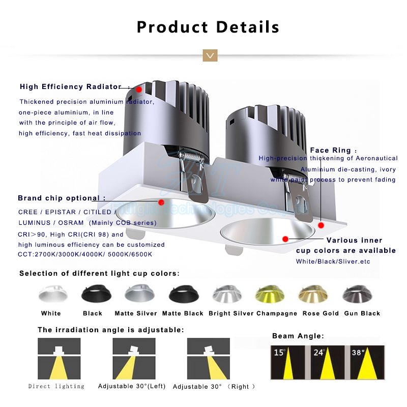 Morden Square Double Triple Heads Cob Down Light Indoor Led Downlight Recessed Led Downlight Spotlight