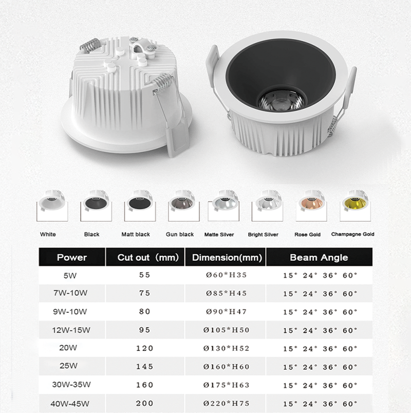 Led Cob 3 inch anti glare recessed Down Lights Design Led Aluminum Profile Recessed Round Housing Dimmable Led Downlight