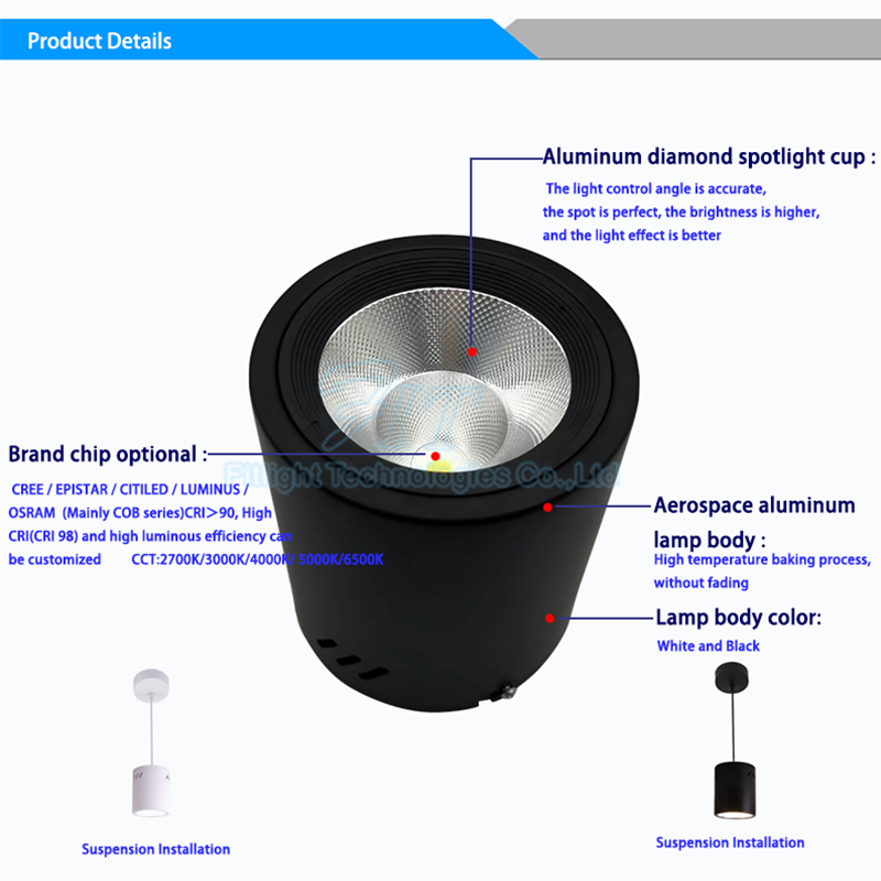 10W 12W 15W 20W 30W 40W  Anti Glare Round Ceiling Surface Mounted Cylinder LED downlight COB Spot Lights