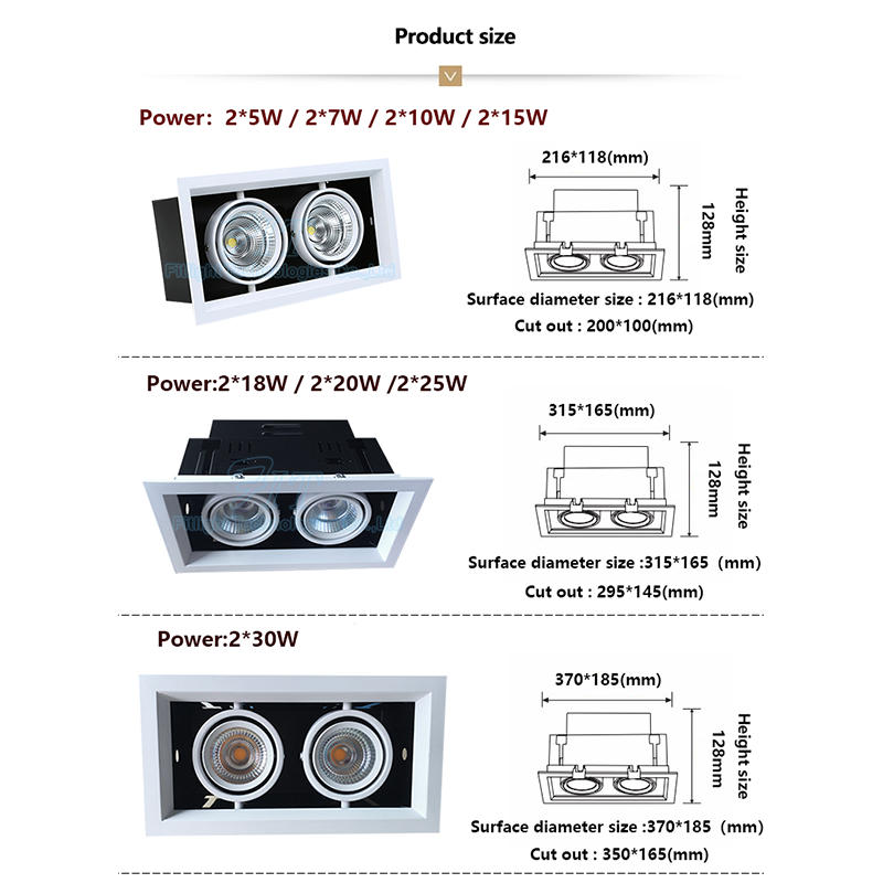 Double Head Dimmable Led down light 10w 20W 30W  rectangular recessed grille ceiling lights