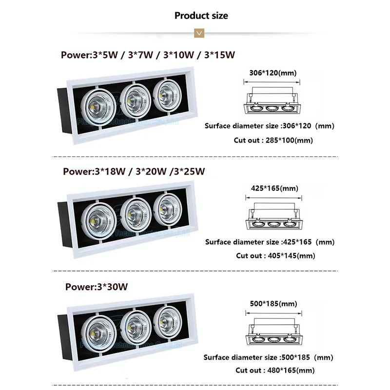 Commercial Lighting Led Grille Light 3 Head Grille Downlight Adjustable Square Housings Led Spot Lights Living Room