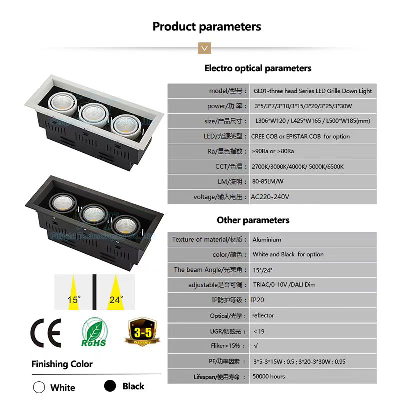 Commercial Lighting Led Grille Light 3 Head Grille Downlight Adjustable Square Housings Led Spot Lights Living Room