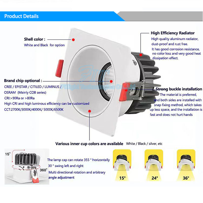 5 Years Warranty 20W Dimmable Adjustable Anti Glare Square Ceiling Downlight Recessed Cob Led Grille Light