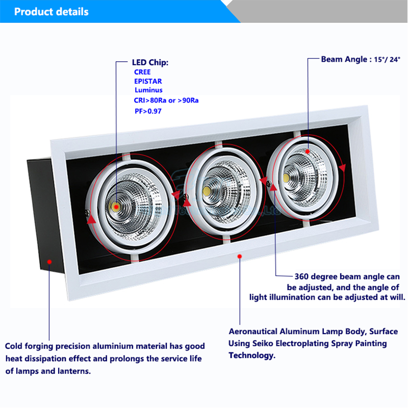 Commercial Lighting Led Grille Light 3 Head Grille Downlight Adjustable Square Housings Led Spot Lights Living Room