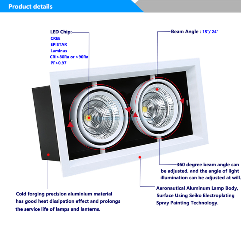 Double Head Dimmable Led down light 10w 20W 30W  rectangular recessed grille ceiling lights