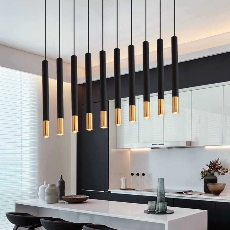 Modern Black Brass Gold Pendant Light Aluminum Tube LED Bulb for Home Kitchen Bedroom Hotel Room Lighting