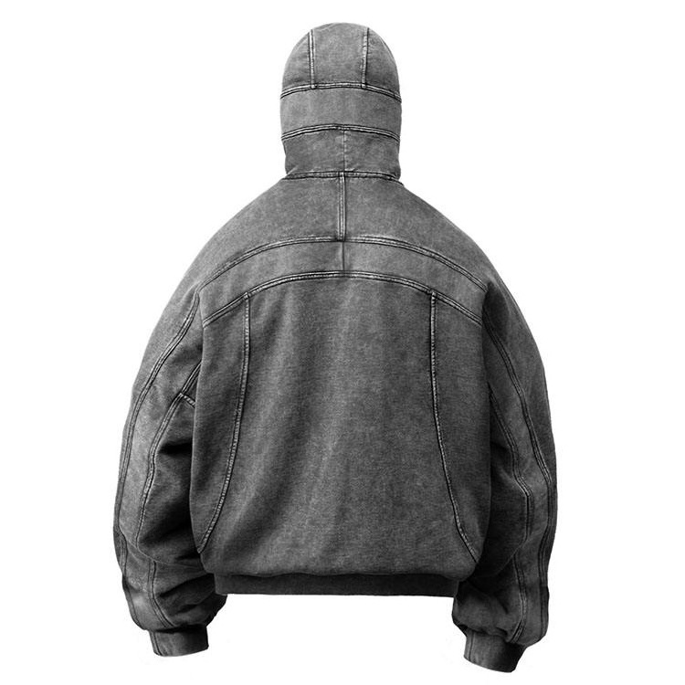 New Fashion wholesale drop shoulder vintage black hooded sweater custom mineral acid wash full face zip up hoodie men