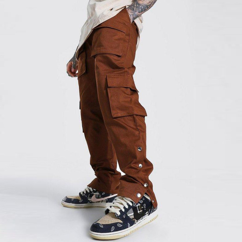 Streetwear Slim Fits Cotton Twill Stacked Pants Men Popper Side Cargo Trousers  Stack Sweat Pants