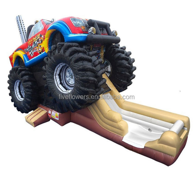 Commercial inflatable combo monster truck bounce house and slide