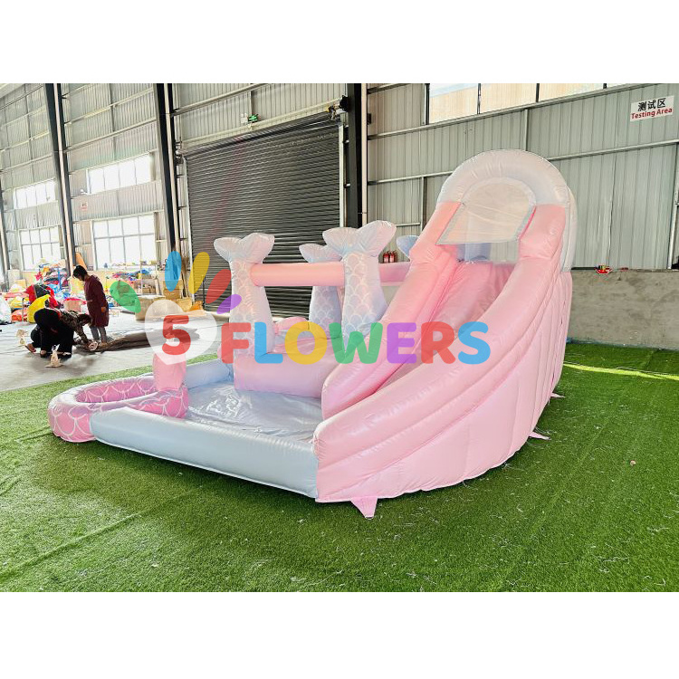 Popular PVC inflatable bounce house pastel color bouncer beautiful mermaid bouncy castle with slide small pool for party rentals