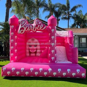 Hot pink girl inflatable bounce house combo barbi jumping castle with slide